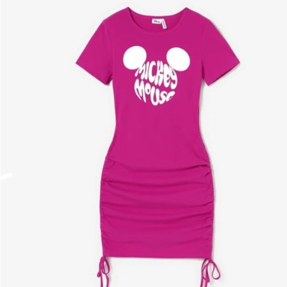 Disney Mickey and Friend Character Puff Print Ruched Sides Chic Pink Women Dress